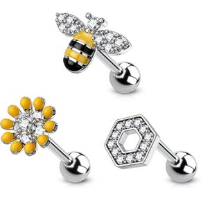 CM Crareesi Mania Honeycomb Tragus Piercing Jewelry Pack 316L Stainless Steel Bee Helix Piercing Jewelry 3pcs 16G Cartilage Earrings for Women Spring Gold Conch Piercing