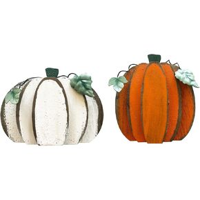 YUMBOR Set of 2 Rustic Wood Pumpkins Decor Fall Harvest Tabletop Decoration Thanksgiving Halloween Decor