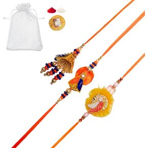Set of 3 Rakhi Lumba for Brother Bhaiya Bhai Bhabhi and Bhatija Bhaiya Raksha Bandhan gift Rakhi Thread Rakhi with Roli Chawal and Greeting card gift pack in pouch/Potli bag