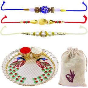 HATHKAAM 5 Pieces Rakhi Set for Brother and Bhabhi 3 Pieces Rakhee Bracelet Set Handmade by Women Artisans Love from Sister Decorative Rakhi Plate Set with Two Vatis Rakhdi Rakhri Thread Rakhi Beads