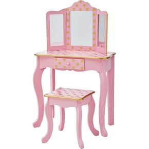 Teamson Kids Princess Gisele Starry Sky Print 2-Piece Kids Wooden Play Vanity Set with Vanity Table, Tri-Fold Mirror, Storage Drawer, and Matching Stool, White with Iridescent and Stars Accent