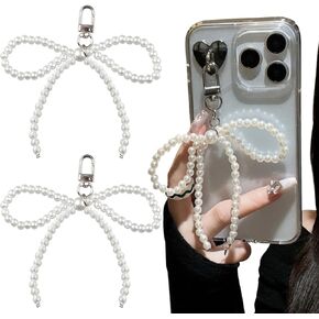 2Pcs Pearl Bow Keychain Clip,Y2K Pearl Bows Key Chain Phone Charm Sweet Bow Knot Keychains Bag Charms Lovely Bowknot Pendant Car Key Chain White Bead Bowknot Key Chains Women Cute Keychain Accessories