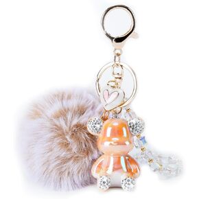 Bear Keychain, Cute Keychains for Women, Pink Car Accessories for Girly, Pink Pom Pom Keychain