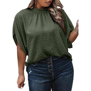 SOLY HUX Women's Plus Size Swiss Dots Blouse Mock Neck Half Sleeve Tie Back Tops