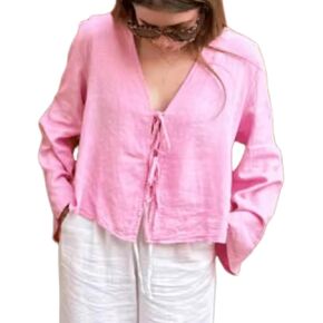 Y2k Bow Long Sleeve Blouse White Linen Shirt Cottagecore Summer Going Out Coquette Clothes Tie Front Top