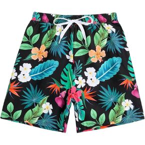 Verdusa Boy's Tropical Print Drawstring Waist Gaphic Vacation Swim Trunk Summer Beach Shorts