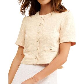 Women Short Sleeve Tweed Jacket Cropped Elegant Pearl Button Down Crew Neck Top Office Business Blazer