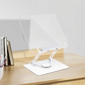 Book Stand for Reading, Adjustable Book Holder with 360 Degree Rotating Base & Page Clips, Hands Free Foldable Desktop Cookbook Stand for Sheet Music, Laptop, Recipe, Textbook(Acrylic)