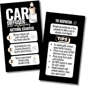 Car Diffuser Instruction Cards | Physical Printed 2" x 3.5" inches Business Card Size | Car Diffuser Supplies | White with Black Design (black)