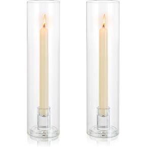 Inweder Glass Candle Holders for Candlesticks: 2 Pcs Taper Candle Holders Clear Candlestick Holders Stand with Windproof Glass Cover, Hurricane Glass Candle Holders for Wedding Christmas Home