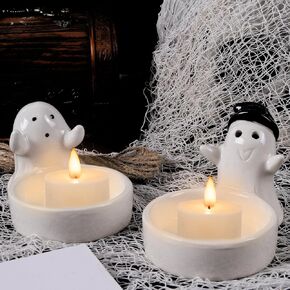 2pcs Halloween Ghost Candle Holder, Halloween Little Ceramic Candle Stick Decor Cute Ghost Shape Candlestick Holder for Home Table Halloween Centerpiece Party Decorations Gifts