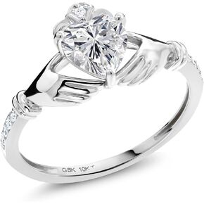 Gem Stone King 1.09 Cttw 10K White Gold IGI Certified Lab Grown Diamond Irish Celtic Claddagh Engagement Ring For Women | Center Diamond Heart Shape 1 Ct | F-G Color | VS1 Clarity