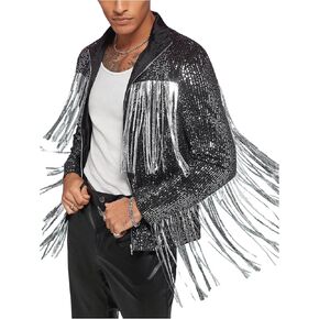 Men's Fringe Trim Jackets Zip Up Long Sleeve Sequin Regular Fit Spring Fall Coats