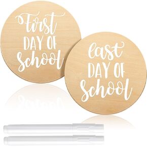 First and Last Day Board Set 2 Pcs 10" Round Back to School First Day of School Board Reversible Wooden Chalkboard Signs Reusable Wood First Last Day Sign Double Sided Sign 2 Chalks for Welcome