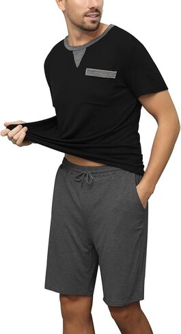 Enjoyoself Men's Summer Short Sleeve Cotton Pyjama Sets Comfy Loungewear Sleepwear with Drawstring Shorts in Kuwait