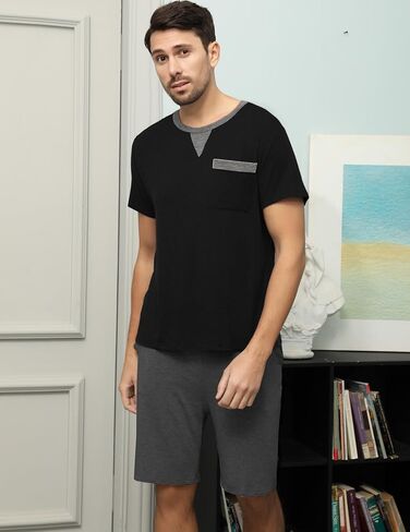 Enjoyoself Men's Summer Short Sleeve Cotton Pyjama Sets Comfy Loungewear Sleepwear with Drawstring Shorts in Kuwait
