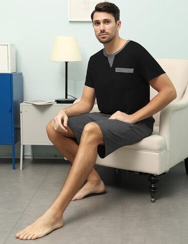 Enjoyoself Men's Summer Short Sleeve Cotton Pyjama Sets Comfy Loungewear Sleepwear with Drawstring Shorts in Kuwait