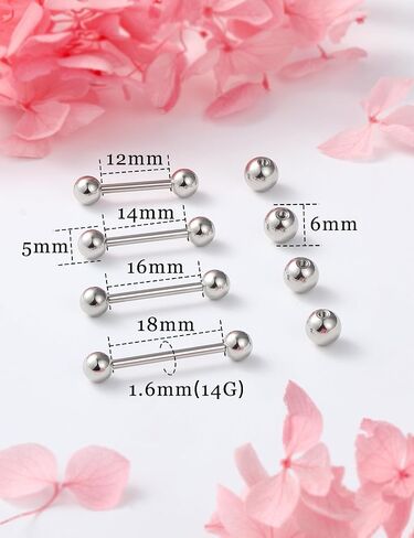 14G 16G الحلمة حلقات اللسان الفولاذ المقاوم للصدأ مستقيم الحدائد ثقب المجوهرات قصيرة طويلة بار الفضة الأسود الذهب جسر الثقب للنساء الرجال 12 مم 14 مم 16 مم 18 مم طول، حجم الكرة 5 مم 6 مم in Saudi Arabia