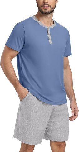 PrinStory Mens Pajama Set Pjs Sleepwear Lightweight Quick Dry Cozy Short Sleeve Button Neck Shirts and Shorts Sleep Sets in Saudi Arabia