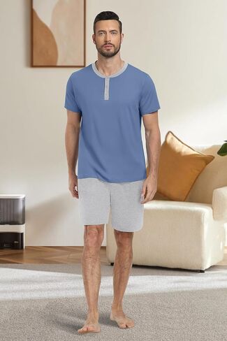 PrinStory Mens Pajama Set Pjs Sleepwear Lightweight Quick Dry Cozy Short Sleeve Button Neck Shirts and Shorts Sleep Sets in Saudi Arabia