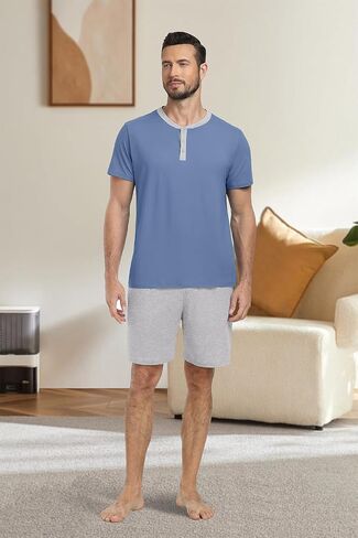 PrinStory Mens Pajama Set Pjs Sleepwear Lightweight Quick Dry Cozy Short Sleeve Button Neck Shirts and Shorts Sleep Sets in Saudi Arabia