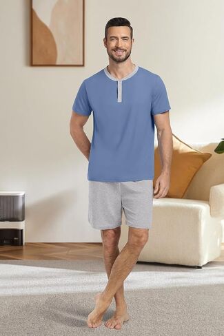 PrinStory Mens Pajama Set Pjs Sleepwear Lightweight Quick Dry Cozy Short Sleeve Button Neck Shirts and Shorts Sleep Sets in Saudi Arabia