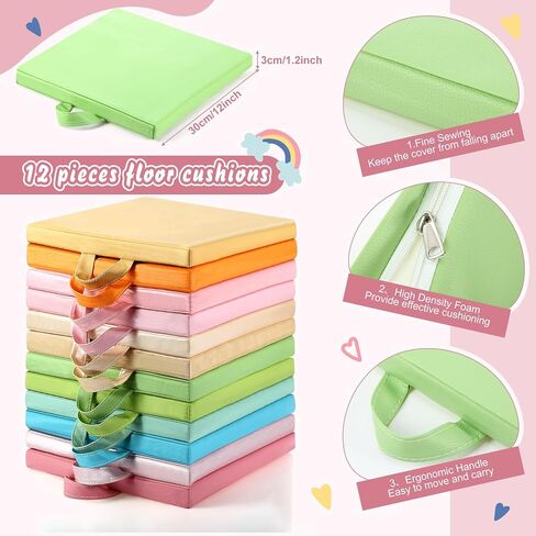12 Pcs Floor Cushions Classroom Flexible Floor Seating with Handle for Kids in Home School Classroom Kindergarten Daycare Nursery (Classic Color,Square) in Kuwait