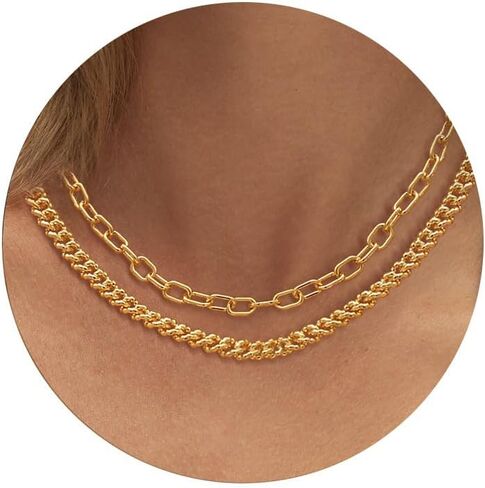 Moodear Gold Necklace for Women 14K Dainty Chunky Gold Chain Necklace Cuban Link Paperclip Chain Choker Layered Pearl Pendent Necklace for Women Trendy Fashion Jewelry in Saudi Arabia