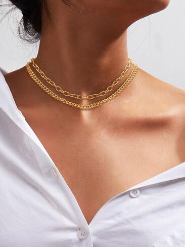 Moodear Gold Necklace for Women 14K Dainty Chunky Gold Chain Necklace Cuban Link Paperclip Chain Choker Layered Pearl Pendent Necklace for Women Trendy Fashion Jewelry in Saudi Arabia