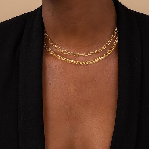 Moodear Gold Necklace for Women 14K Dainty Chunky Gold Chain Necklace Cuban Link Paperclip Chain Choker Layered Pearl Pendent Necklace for Women Trendy Fashion Jewelry in Saudi Arabia