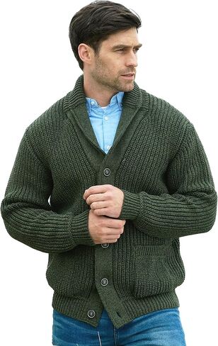 Aran Crafts Men's Irish Cable Knitted Ribbed Shawl Cardigan (100% Merino Wool) in Kuwait