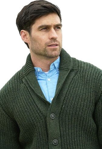 Aran Crafts Men's Irish Cable Knitted Ribbed Shawl Cardigan (100% Merino Wool) in Kuwait
