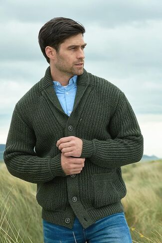 Aran Crafts Men's Irish Cable Knitted Ribbed Shawl Cardigan (100% Merino Wool) in Kuwait