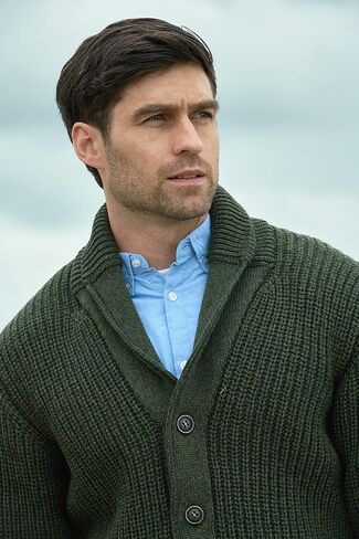 Aran Crafts Men's Irish Cable Knitted Ribbed Shawl Cardigan (100% Merino Wool) in Kuwait
