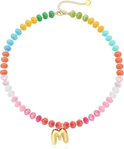 Initial Necklaces for Women, Beaded Necklaces for Women with Bubble Necklace Letter Stocking Stuffers for Teens Trendy Stuff Colorful Gemstone Choker 14k Gold Letter A-Z Pendant Summer Beach Christmas Birthday Jewelry for Her Girlfriend Sister in Kuwait
