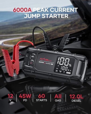 BD10 Car Jump Starter 6000A Peak Quick Start (لجميع أنواع الغاز أو ما يصل إلى 12 لتر ديزل)، حزمة طاقة عالية السعة 26800 مللي أمبير في الساعة مع شحن PD45W، أداة بطارية مثالية للسيارات والشاحنات وسيارات الدفع الرباعي in Kuwait
