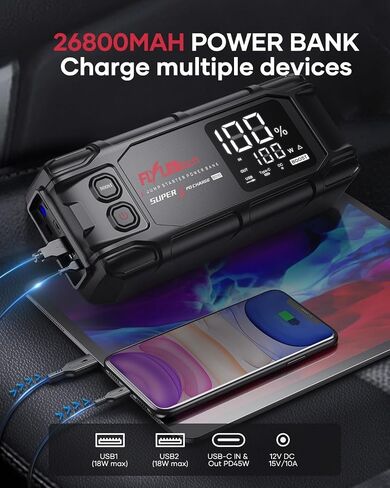 BD10 Car Jump Starter 6000A Peak Quick Start (لجميع أنواع الغاز أو ما يصل إلى 12 لتر ديزل)، حزمة طاقة عالية السعة 26800 مللي أمبير في الساعة مع شحن PD45W، أداة بطارية مثالية للسيارات والشاحنات وسيارات الدفع الرباعي in Kuwait