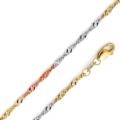 14k Yellow OR White OR Tri Color Gold Chain Necklace - 1.8mm Solid Singapore Gold Chain for Men and Women with Lobster Claw Clasp in Kuwait