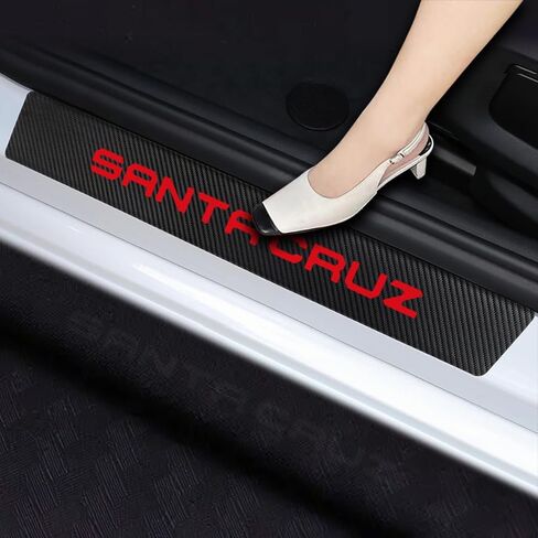 4PCS Car Door Sill Protector Compatible with for Hyundai Santa Cruz Car Accessories Carbon Fiber Textured Leather Car Door Sill Sticker Anti-Dirty Scuff Plate Cover Guard Sill Protector Trim (Red) in Saudi Arabia