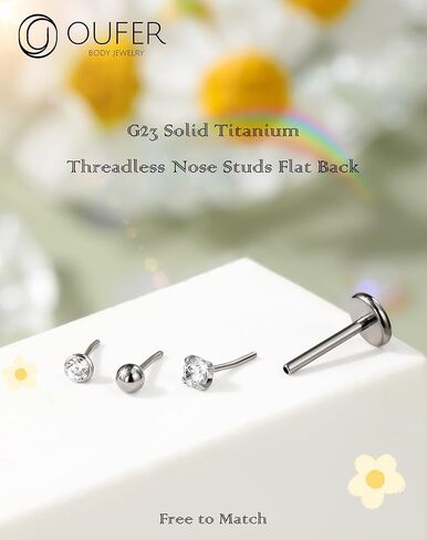OUFER 4PCS Nose Rings Studs, G23 Solid Titanium 20G Flat Back Push in Threadless Replacement Top and Bar Free to Match, Shining CZ Nose Nostril Piercing Jewelry for Women and Men in Saudi Arabia