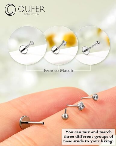 OUFER 4PCS Nose Rings Studs, G23 Solid Titanium 20G Flat Back Push in Threadless Replacement Top and Bar Free to Match, Shining CZ Nose Nostril Piercing Jewelry for Women and Men in Saudi Arabia