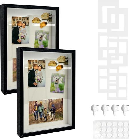 A4 Shadow Box Picture Frame, 2 Pcs 1.8" Deep Wood & Glass Display Case, Wood Deep Shadow Box for Photos, Dried Flowers, Awards, Picture Frames for Wedding Wall (Black) in Saudi Arabia