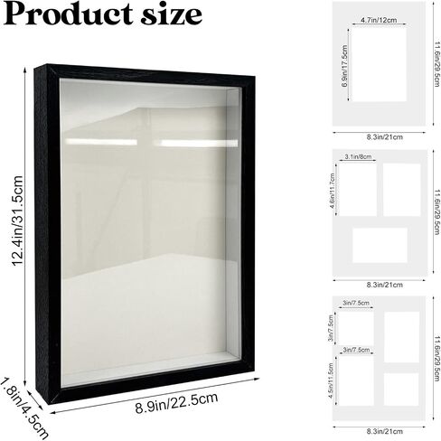 A4 Shadow Box Picture Frame, 2 Pcs 1.8" Deep Wood & Glass Display Case, Wood Deep Shadow Box for Photos, Dried Flowers, Awards, Picture Frames for Wedding Wall (Black) in Saudi Arabia
