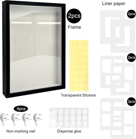 A4 Shadow Box Picture Frame, 2 Pcs 1.8" Deep Wood & Glass Display Case, Wood Deep Shadow Box for Photos, Dried Flowers, Awards, Picture Frames for Wedding Wall (Black) in Saudi Arabia