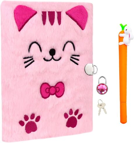 Fluffy Cute Cat Diary with Lock and Pen for Girls,Kids diary, Plush Journal Notebook Set,80 Lined Sheet, School, Birthday Gift A5 in Kuwait