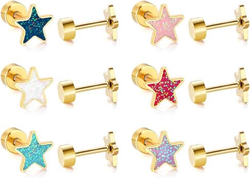 18G Glitter Star Colorful Screw Flat Back Small Stud Earrings for Women Teen Girls Surgical Steel Pink Green Red Purple Enamel Cartilage Tragus Piercing Little Studs Hypoallergenic Gift 6 Pairs Set in Saudi Arabia
