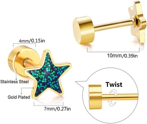 18G Glitter Star Colorful Screw Flat Back Small Stud Earrings for Women Teen Girls Surgical Steel Pink Green Red Purple Enamel Cartilage Tragus Piercing Little Studs Hypoallergenic Gift 6 Pairs Set in Saudi Arabia