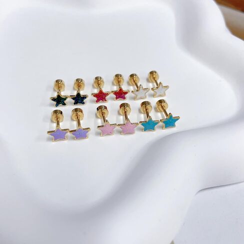 18G Glitter Star Colorful Screw Flat Back Small Stud Earrings for Women Teen Girls Surgical Steel Pink Green Red Purple Enamel Cartilage Tragus Piercing Little Studs Hypoallergenic Gift 6 Pairs Set in Saudi Arabia