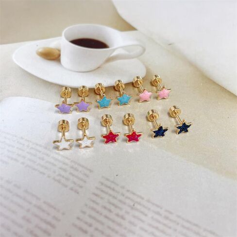 18G Glitter Star Colorful Screw Flat Back Small Stud Earrings for Women Teen Girls Surgical Steel Pink Green Red Purple Enamel Cartilage Tragus Piercing Little Studs Hypoallergenic Gift 6 Pairs Set in Saudi Arabia