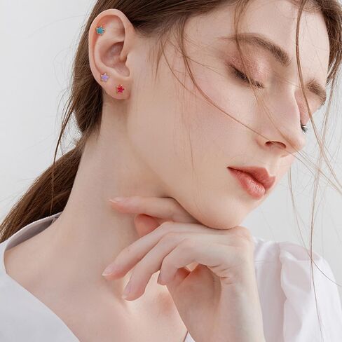 18G Glitter Star Colorful Screw Flat Back Small Stud Earrings for Women Teen Girls Surgical Steel Pink Green Red Purple Enamel Cartilage Tragus Piercing Little Studs Hypoallergenic Gift 6 Pairs Set in Saudi Arabia